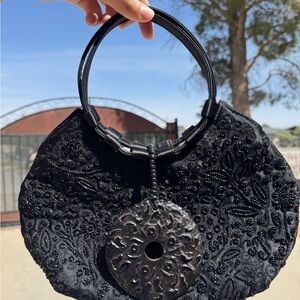 Vintage Josie Natori Elegant Black Beaded Evening Bag Top Handle Round Clutch